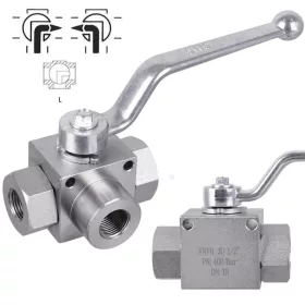   Robinet Industrial cu Bilă cu 3 Căi, Tip L, 1/2", 400 bar