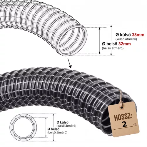 DN32 Megerősített flexi szívótömlő, gégecső 2 méteres kiszerelésben - 32mm belső átmérő
