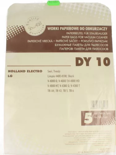 Set Saci de Hârtie DY10 (5 bucăți) Compatibil cu Aspiratoare LG și Holland Electro, Seal Trendy, Limpio 4400, 4500, Shark, V-4000D, V-4000T, V-4000 HD, V-4000 HT, V-4300 D, V-4300 T, TB-A4, TB 43, TB 5, TB 6