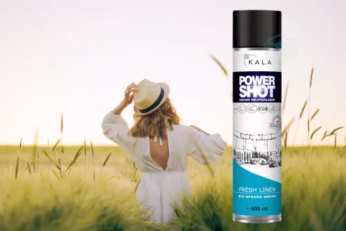 Spray Neutralizator de Mirosuri și Împrospătător de Aer cu Parfum de Rufe Proaspăt Spălate - Kala Power Shot Rufărie Proaspătă (600 ml)