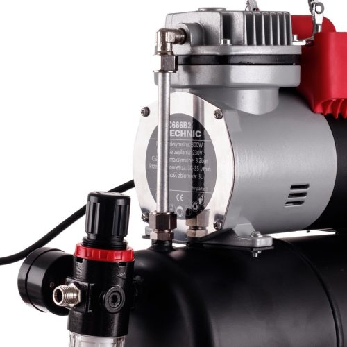 Compresor Airbrush Profesional cu Rezervor de 3 Litri Eficient (30-35 l/min.), Reductor și Filtru TC Technic 666B2