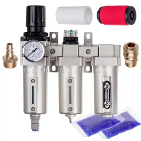   Stație de pregătire a aerului de precizie cu 3 filtre de vopsire – 5 µm, 0,3 µm, 0,01 µm, cu racord filetat 1/2", cuple rapide (bloc de pregătire a aerului)