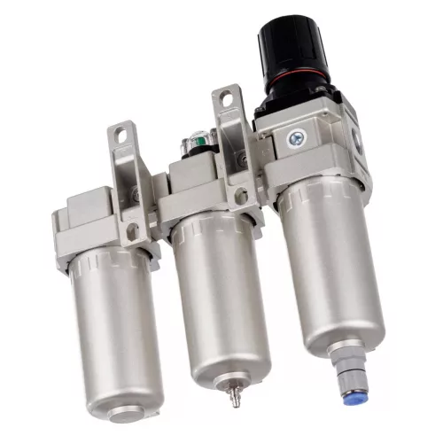 Stație de pregătire a aerului de precizie cu 3 filtre de vopsire – 5 µm, 0,3 µm, 0,01 µm, cu racord filetat 1/2", cuple rapide (bloc de pregătire a aerului)