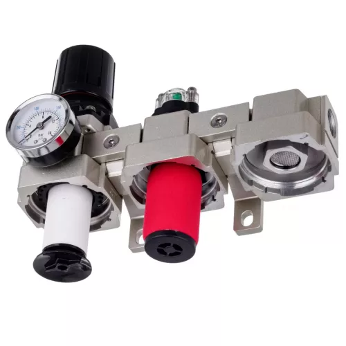Stație de pregătire a aerului de precizie cu 3 filtre de vopsire – 5 µm, 0,3 µm, 0,01 µm, cu racord filetat 1/2", cuple rapide (bloc de pregătire a aerului)