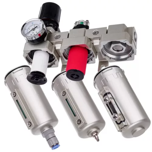 Stație de pregătire a aerului de precizie cu 3 filtre de vopsire – 5 µm, 0,3 µm, 0,01 µm, cu racord filetat 1/2", cuple rapide (bloc de pregătire a aerului)
