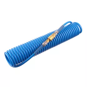   Furtun Spiralat Poliuretan 8x12 mm, 10 m, Albastru, Cuplaje Rapide din Alamă, Presiune de Lucru 100 PSI, Presiune Maximă 250 PSI