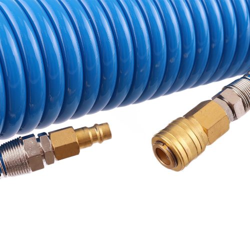 Furtun Spiralat Poliuretan 8x12 mm, 10 m, Albastru, Cuplaje Rapide din Alamă, Presiune de Lucru 100 PSI, Presiune Maximă 250 PSI