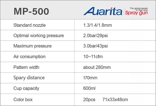 Pistol de Pulverizare Auarita MP-500 LVLP 1,7 mm cu Furtun de Aer și Rezervor 600 ml