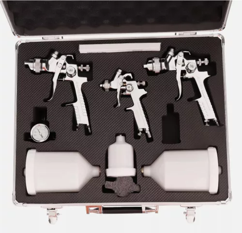 Set Profesional Pistol de Pulverizare cu Tehnologie Volum Mare, Presiune Mică (HVLP), 1,4 mm, 1,7 mm, 0,8 mm, în Valiză Metalică Auarita H-827