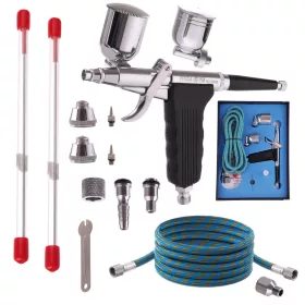   Set Aerograf Fengda BD-116K cu 2 Rezervoare Laterale și 3 Duze de 0.2, 0.3, 0.5 mm