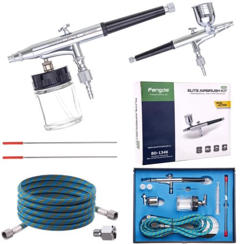 Set Aerograf Fengda BD-134K – Duze de 0,2mm, 0,3mm, 0,5mm, Pulverizator cu Două Funcții și Rezervor Lateral