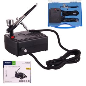   Set Airbrush Profesional cu Compresor pentru Artiști Mobilați Fengda BD-831, Duza 0,2 mm, Tensiune Intrare 230V, Ieșire 12V, Presiune Maximă 30 PSI (~2,07 bar), Furtun 1,5 m
