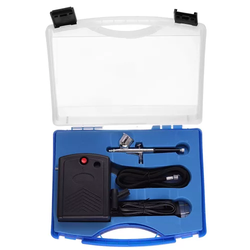 Set Airbrush Profesional cu Compresor pentru Artiști Mobilați Fengda BD-831, Duza 0,2 mm, Tensiune Intrare 230V, Ieșire 12V, Presiune Maximă 30 PSI (~2,07 bar), Furtun 1,5 m