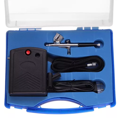 Set Airbrush Profesional cu Compresor pentru Artiști Mobilați Fengda BD-831, Duza 0,2 mm, Tensiune Intrare 230V, Ieșire 12V, Presiune Maximă 30 PSI (~2,07 bar), Furtun 1,5 m