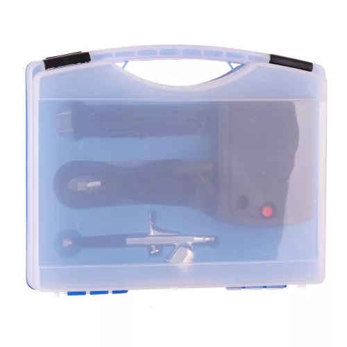 Set Airbrush Profesional cu Compresor pentru Artiști Mobilați Fengda BD-831, Duza 0,2 mm, Tensiune Intrare 230V, Ieșire 12V, Presiune Maximă 30 PSI (~2,07 bar), Furtun 1,5 m