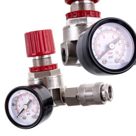   Regulator de Presiune cu Manometru, Supapă de Reglare și Cuplaj Rapid 1/4" TC Technic YQ-22, Presiune Reglabilă 0-8 bar, Manometru Dublu Calibrat (PSI și BAR)