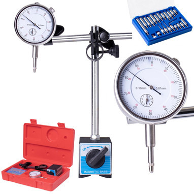 Indicator cu cadran 0,01 mm cu suport magnetic și set de adaptoare