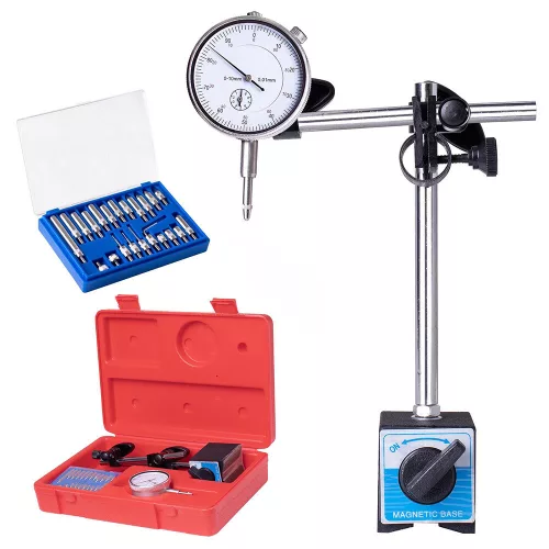 Indicator cu cadran 0,01 mm cu suport magnetic și set de adaptoare