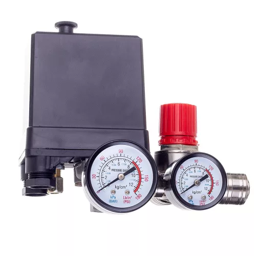 Presostat pentru Compresoare cu Regulator de Presiune și 2 Manometre, 400V, 1/4" Tehnic PL400-2