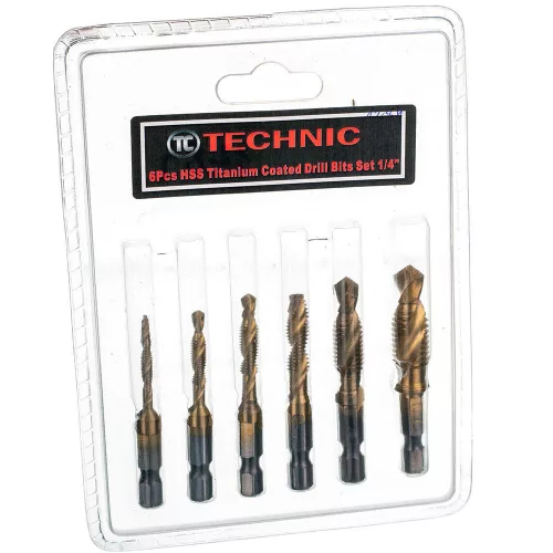 Set de Burghie pentru Filetare M3-M10 (6 Piese) cu Carcasă din Plastic, Oțel de Mare Viteză (HSS) Titaniu TC Technic DN-F1284-1