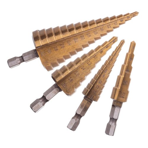 Set de Burghie Trepte pentru Metal, 4 Piese, 3-32mm, Oțel Rapid HSS cu Strat de Titan