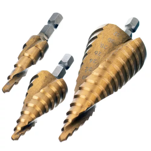 Set de Burghie Conice cu Trepte, Acoperire Titan, în Carcasă de Plastic (3 bucăți) 4-32mm TC Technic F1289