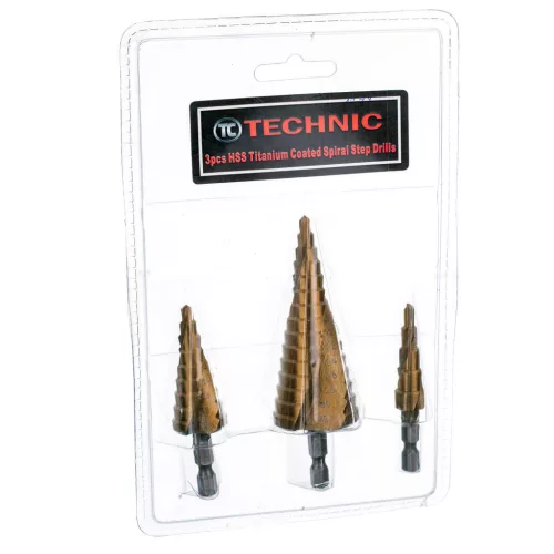 Set de Burghie Conice cu Trepte, Acoperire Titan, în Carcasă de Plastic (3 bucăți) 4-32mm TC Technic F1289