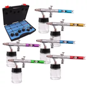   Set Aerograf Profesional Fengda BD-810 cu 6 Pistoale BD-800, Acțiune Dublă, Furtun Compatibil 1/8", Duze 0,35 mm, Rezervor 20 ml