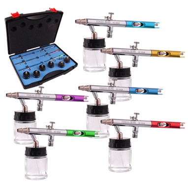Set Aerograf Profesional Fengda BD-810 cu 6 Pistoale BD-800, Acțiune Dublă, Furtun Compatibil 1/8", Duze 0,35 mm, Rezervor 20 ml
