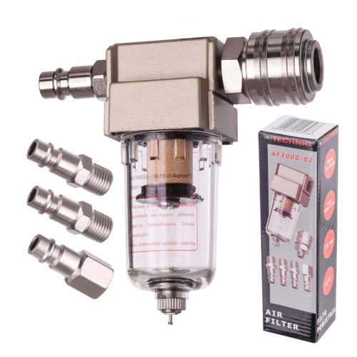 Filtru de aer, separator de apă cu supapă de golire și conexiune de 1/4" pentru sisteme pneumatice