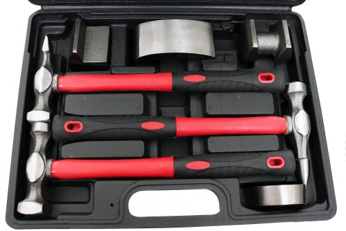 Set Ciocane pentru Prelucrarea Tablei în Geantă de Plastic, 4 Nicovale și 3 Ciocane LT-A1226-2, 26 cm, Mânere din Fibră de Carbon