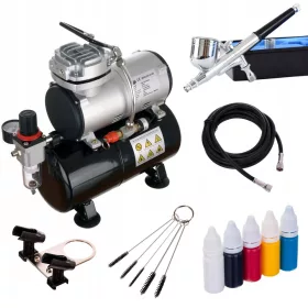   Set Aerograf Profesional cu Compresor, Pulverizator, Furtun, Vopsele și Suport Fengda AS-186 + Fengda BD-130