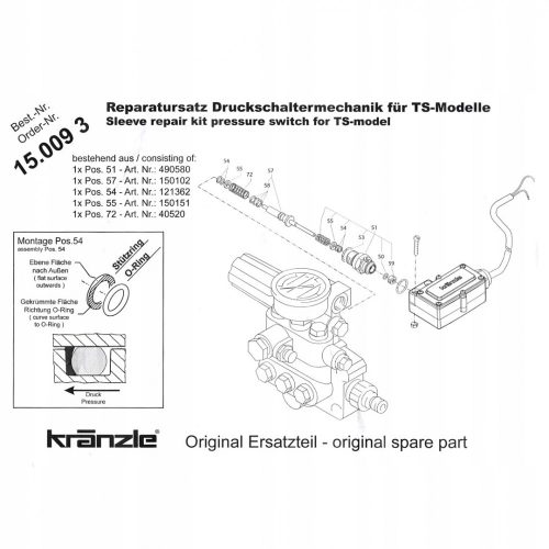 Kit de Reparație Presostat Kranzle cu Microîntrerupător, Piston, Arc și Ax - Compatibil cu Modelele PROFI și QUADRO