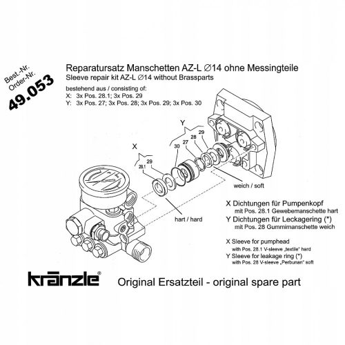 Kit de Reparare Original KRANZLE 1152 TS, Silent 122, 7/122, 1622, 10/12 pentru Mașini de Spălat cu Presiune, Piston 14 mm
