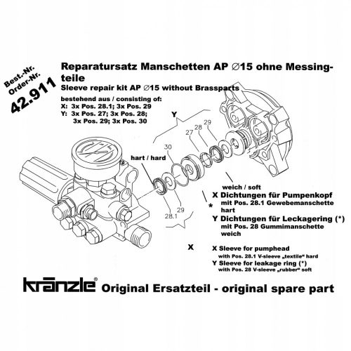 Set de Reparare Original KRANZLE pentru Mașini de Spălat cu Presiune Quadro 9/170 TST, B 10/200, 195 TS T, 2195 TS, 2195 TS TST, pentru Piston de 15 mm