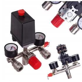   Comutator de Presiune cu Reductor pentru Compresor, 230V, Compatibil cu Model PL-230, Diametru de Montare 1/2", Funcționare Automată 6-8 bar, Ajustabil până la 12 bar, Supapă de Siguranță 8,5 bar