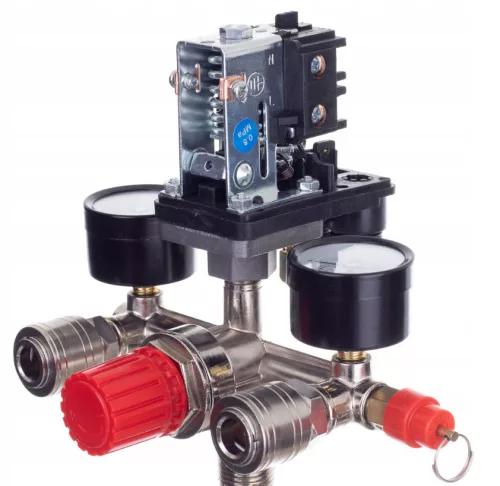 Comutator de Presiune cu Reductor pentru Compresor, 230V, Compatibil cu Model PL-230, Diametru de Montare 1/2", Funcționare Automată 6-8 bar, Ajustabil până la 12 bar, Supapă de Siguranță 8,5 bar