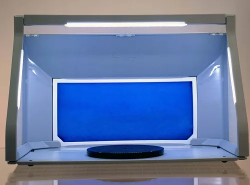 Cabină de Pictură Portabilă cu Iluminare LED și Ventilator Reglabil HS-E550BLK, Platformă Rotativă 19 cm, Alimentare 12V, 2340 Lumeni