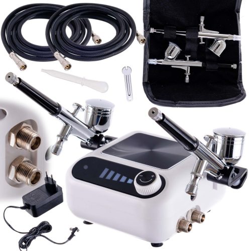 Set Aerograf Profesional TC Technic HS-A9K ALB cu Compresor, Două Pistoale de Vopsit și Furtunuri - Funcție de Oprire Automată și Reglare