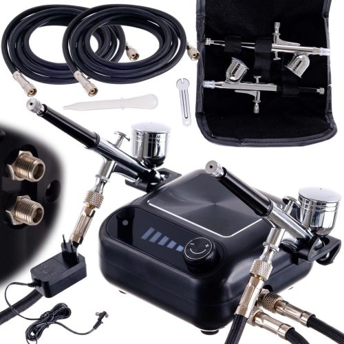 Set Aerograf Profesional TC Technic HS-A9KBLACK cu Compresor, Două Pistoale de Vopsit și Furtunuri - Funcție de Oprire Automată și Reglare