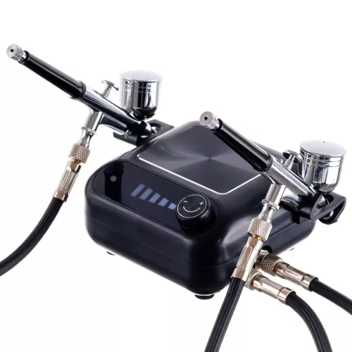 Set Aerograf Profesional TC Technic HS-A9KBLACK cu Compresor, Două Pistoale de Vopsit și Furtunuri - Funcție de Oprire Automată și Reglare