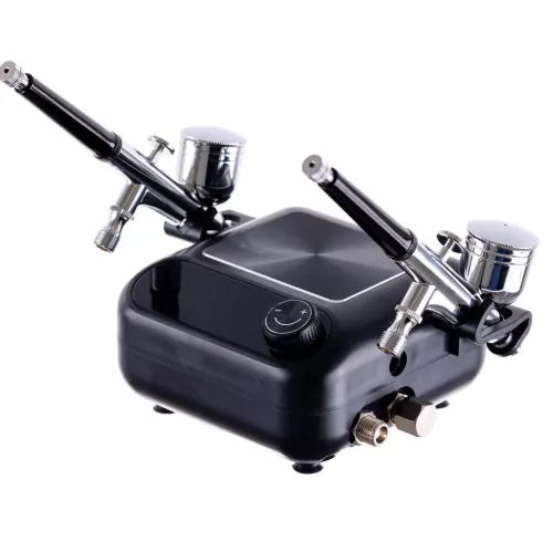 Set Aerograf Profesional TC Technic HS-A9KBLACK cu Compresor, Două Pistoale de Vopsit și Furtunuri - Funcție de Oprire Automată și Reglare