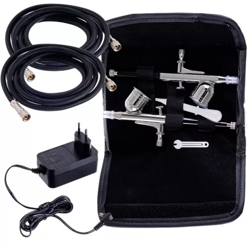 Set Aerograf Profesional TC Technic HS-A9KBLACK cu Compresor, Două Pistoale de Vopsit și Furtunuri - Funcție de Oprire Automată și Reglare