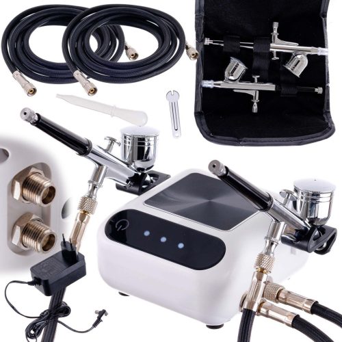 Set Aerograf Profesional TC Technic WHS-A10K ALB cu Compresor, Două Pistoale de Vopsit și Furtunuri - Oprire Automată și Reglare Digitală