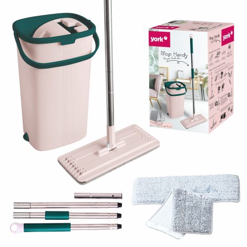 4 x Mop Lapos cu Găleată cu Două Compartimente și Presă, Mâner Pliabil HANDY - YORK - CURĂȚENIE CASNICĂ